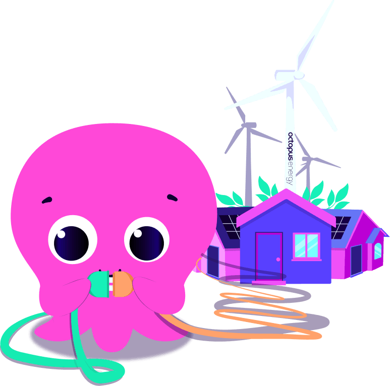 Ein pinker Oktopus steckt einen Stecker an. Das Kabel führt zu einem Haus, hinter welchem Windräder stehen.