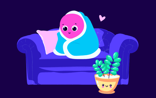 Oktopus sitzt mit Wärmedecke auf einer Couch