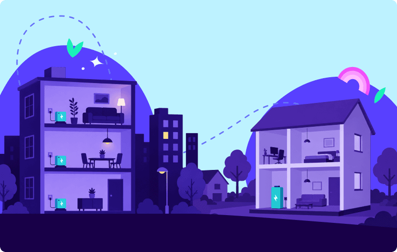 Darstellung zweier Gebäude, die Innenräume mit Möbeln und Elektrogeräten zeigen, eingebettet in eine stilisierte Stadtlandschaft mit blauem Himmel.