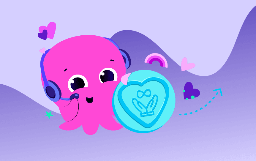 Ein süßer pinker Oktopus mit Kopfhörern hält eine blaue Münze mit einem Herz- und Unendlichkeitssymbol. Vor einem lilafarbenen Hintergrund schweben Herzen und Sterne.