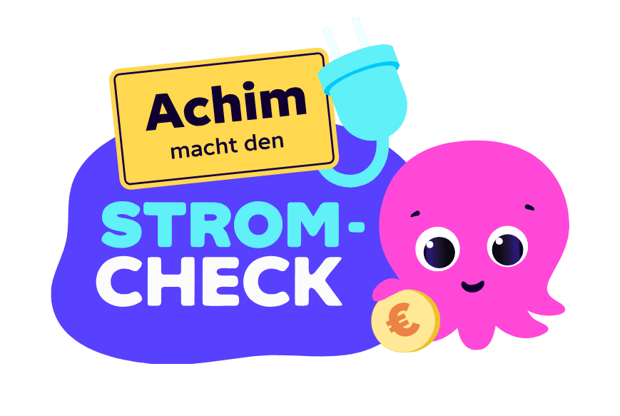 Ein lächelnder Oktopus mit einer Münze in der Hand. Text: Achim macht den Stromcheck.