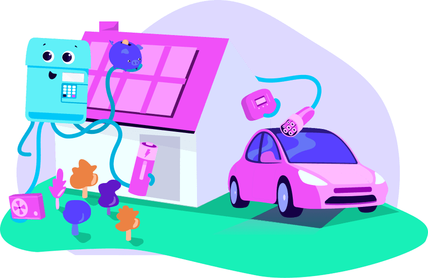 Illustration eines Hauses mit Solarmodulen, einem Elektroauto, das gerade aufgeladen wird, einem lächelnden Stromzähler und Bäumen in einer farbenfrohen Szenerie.