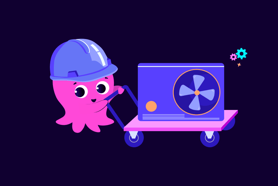 Ein pinker Octopus mit Sicherheitshelm, der eine Wärmepumpe schiebt