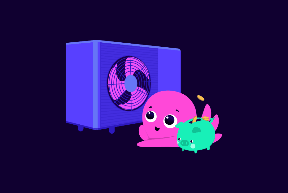 Wärmepumpe neben einem pinken Octopus mit Sparschwein