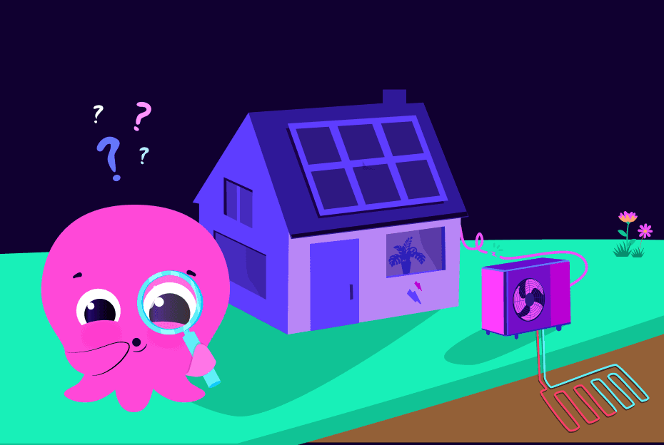 Ein rosa Oktopus mit einer Lupe und Fragezeichen neben einem violetten Haus mit Sonnenkollektoren und einer Klimaanlage, vor einer türkis-braunen Landschaft.