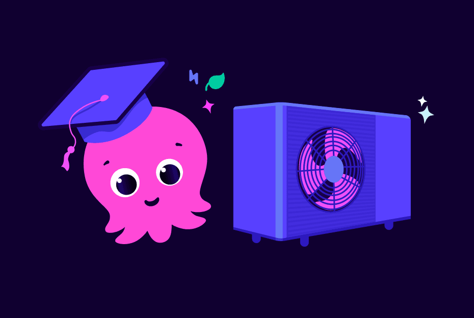 Wärmepumpe neben einem pinken Octopus mit Abschlusskappe