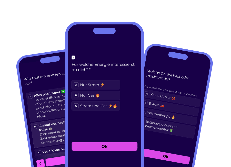3 Handyscreens zeigen die Fragen des Tarif-Finders an