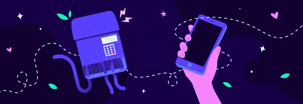 Illustration einer Hand, die ein Smartphone hält, das auf einen Smart Meter gerichtet ist, vor einem dunklen Hintergrund mit Sternen und Blättern.