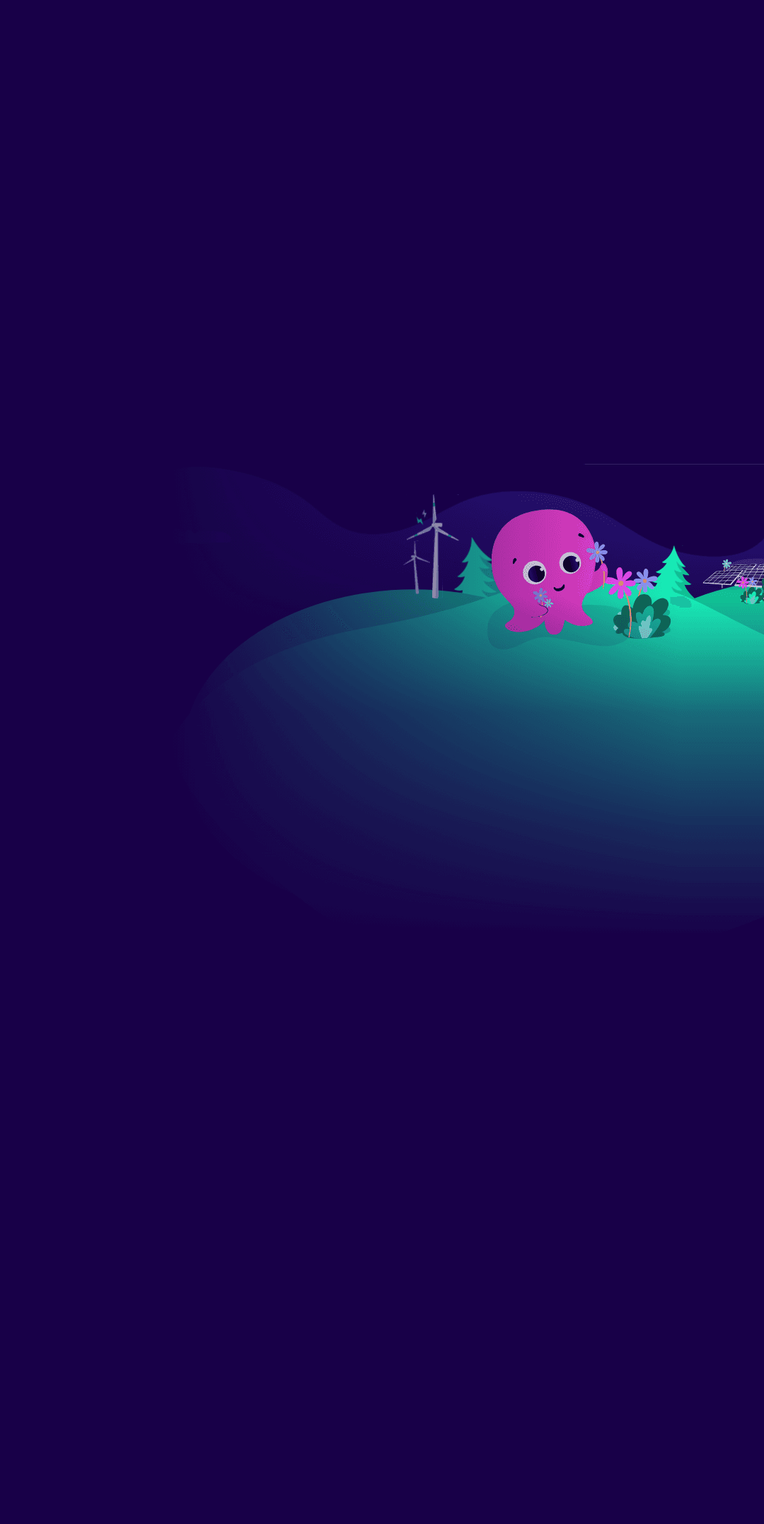 A cute pink octopus sits on a glowing hilltop at night, surrounded by small trees and a starry sky.