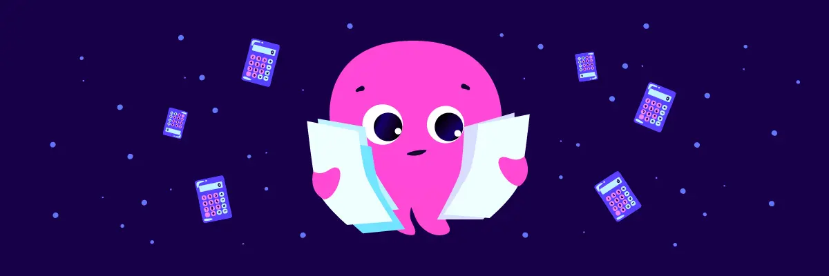Ein rosa Oktopus, die Zettel in der Hand hält, umgeben von schwebenden Taschenrechnern vor einem dunkelblauen Hintergrund mit Sternen.