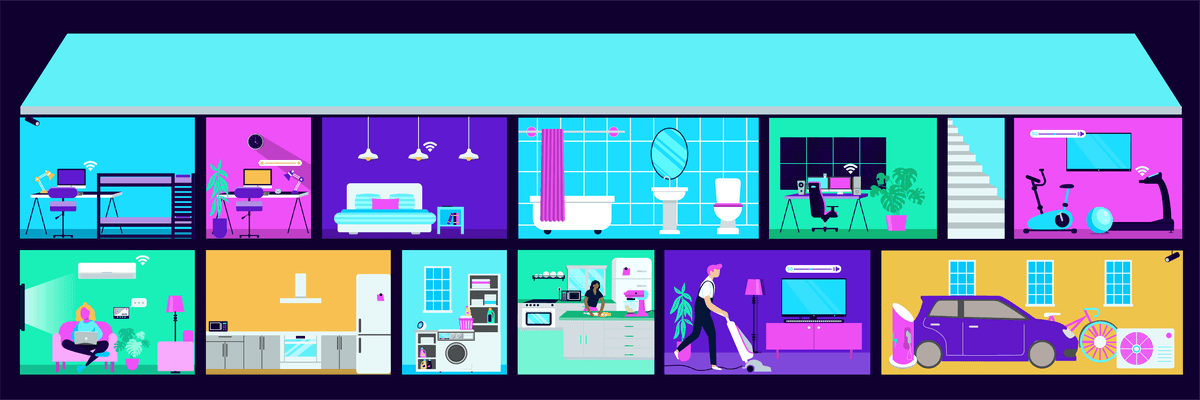 Illustrierter Querschnitt durch ein Smart Home mit Räumen, in denen der Einsatz von Technik dargestellt ist, wie beispielsweise Computer, intelligente Haushaltsgeräte und eine Person, die staubsaugt.