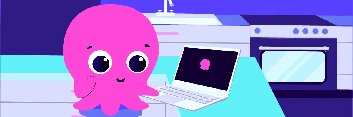 Ein niedlicher rosa Comic-Oktopus mit großen Augen sitzt neben einem Laptop, auf dessen Bildschirm ein Oktopus-Symbol zu sehen ist, in einer farbenfrohen Küche mit Herd und Spüle.