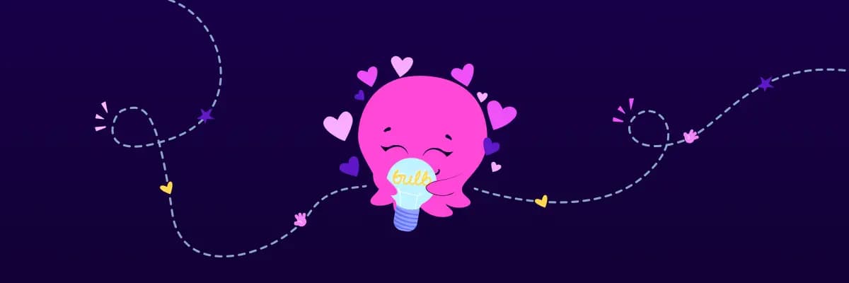 Ein rosa Oktopus hält eine Glühbirne in der Hand, die von Herzen und Sternen umgeben ist, vor einem dunklen Hintergrund mit gestrichelten Linien.