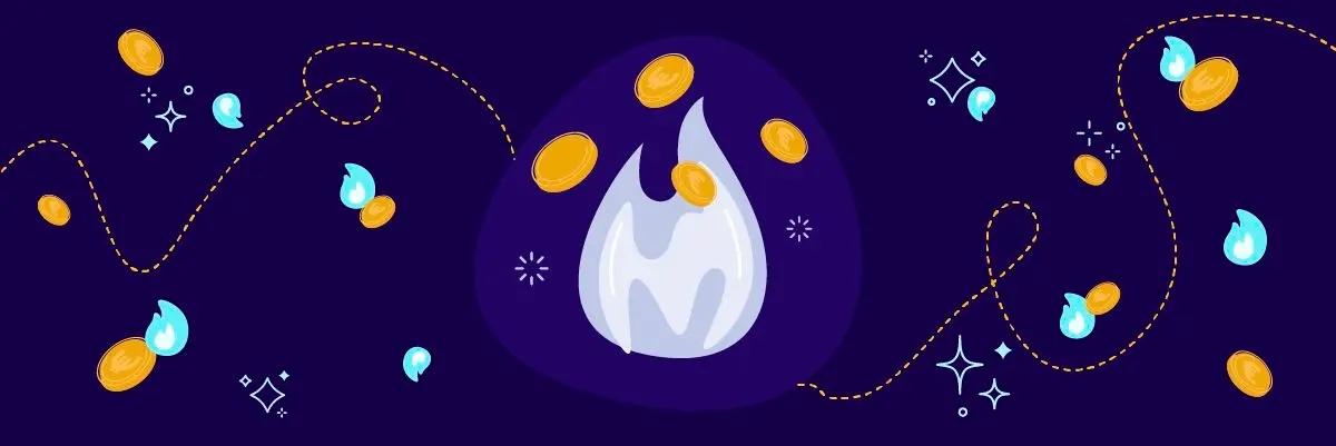 Illustration einer weißen Flamme, umgeben von schwebenden Goldmünzen und blauen Flammen, vor einem dunkelvioletten Hintergrund mit gepunkteten Linien und Funken.