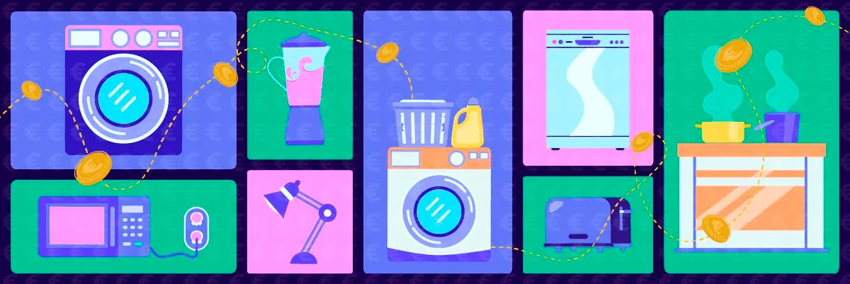 Eine Collage aus Haushaltsgeräten, darunter eine Waschmaschine, ein Mixer, eine Mikrowelle, eine Lampe, ein Geschirrspüler, ein Toaster und eine Küchenarbeitsplatte mit dampfenden Töpfen.