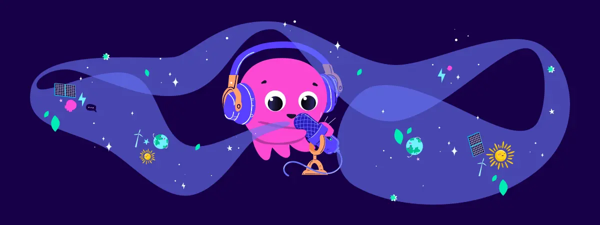Ein rosa Oktopus mit Kopfhörern singt in ein Mikrofon, umgeben von Planeten, Sternen und Symbolen für Umweltfreundlichkeit vor einem dunklen Hintergrund.