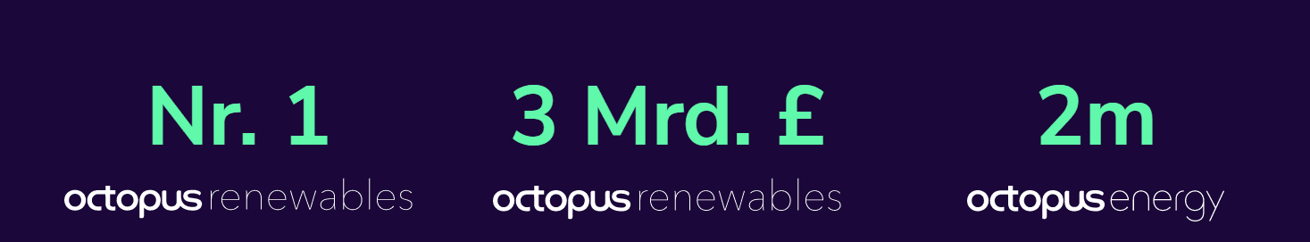 Dark background with text: "Nr. 1 octopus renewables," "3 Mrd. £ octopus renewables," and "2m octopus energy," in green and white.