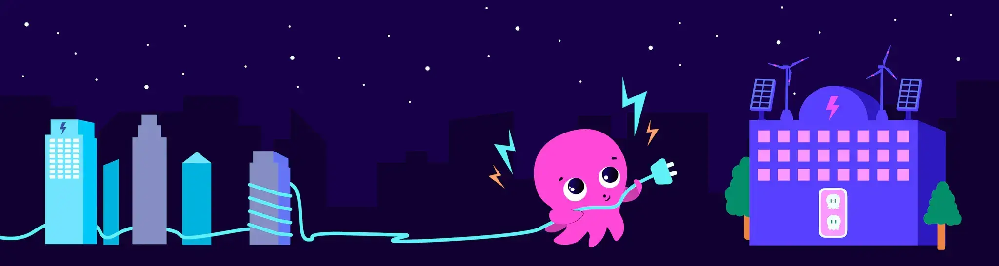 Ein niedlicher rosa Oktopus mit einem Stromstecker spaziert nachts durch eine Stadt, vorbei an Wolkenkratzern und einem Gebäude mit Solarzellen und Windkraftanlagen.