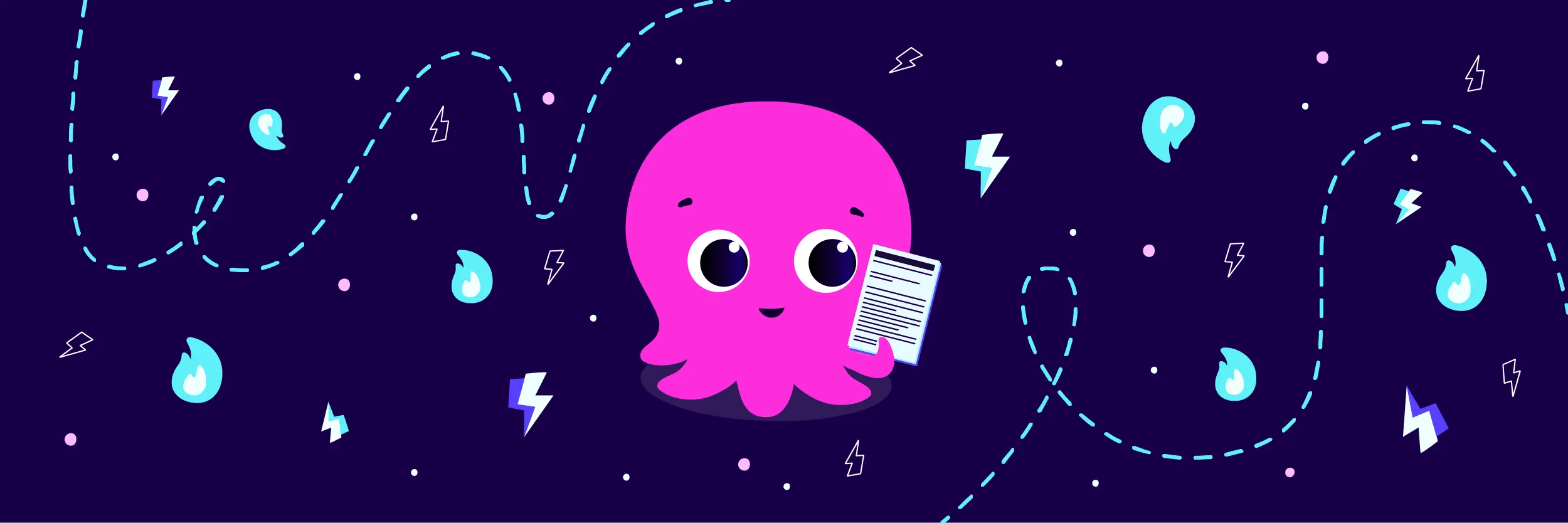 Cute pink octopus holding paper, surrounded by lightning bolts and droplets, on a dark blue background with dotted lines.