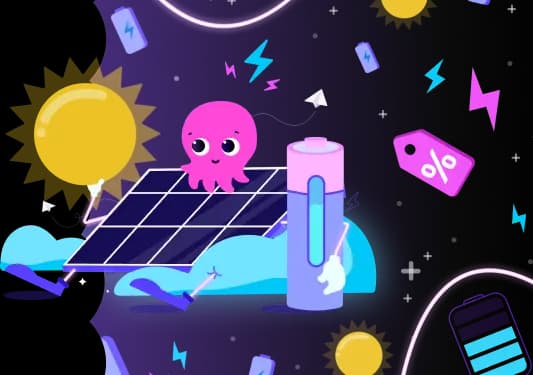 Ein rosa Comic-Oktopus mit einem Solarpanel, einer Batterie und einer Sonne, umgeben von Energie-Symbolen auf einem leuchtend violetten Hintergrund.