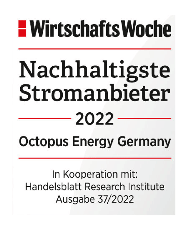 Siegelauszeichnung der Wirtschaftswoche zum Nachhaltigsten Stromanbieter 2022 für Octopus Energy Germany 